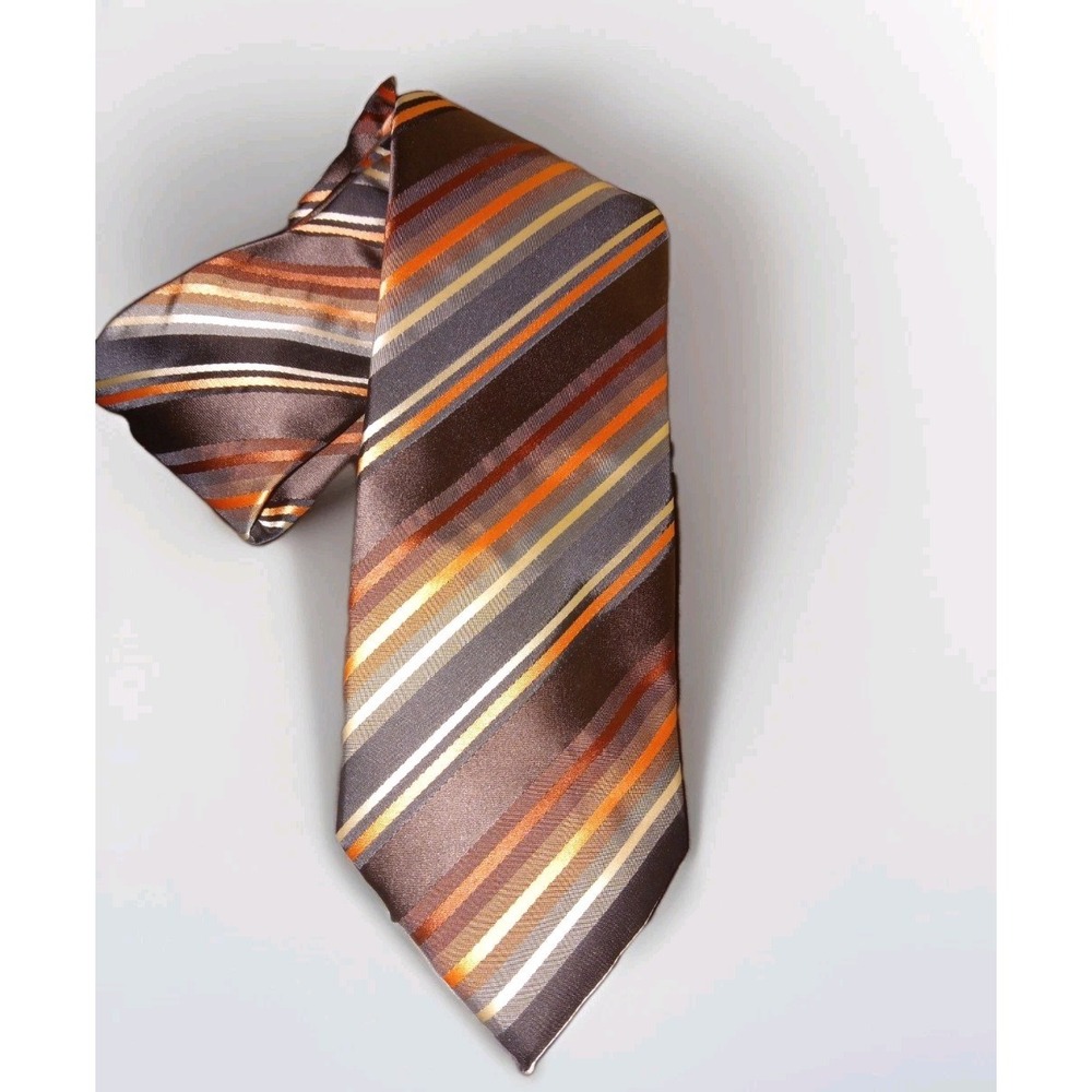 Bill Robinson Black Brown‎ Peach Striped Tie Polyester Necktie
